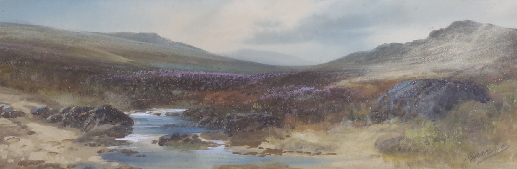 John Shapland (1865-1929), watercolour, 'On The Oakement, Dartmoor', signed, 18 x 53cm